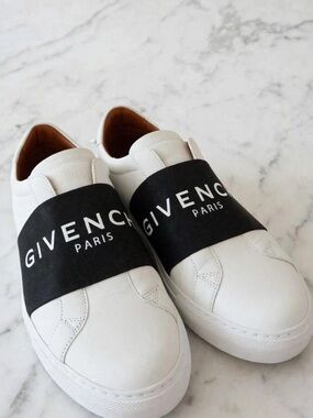 Givenchy White Leather Slip-On Sneakers with Black Logo Band size 9
